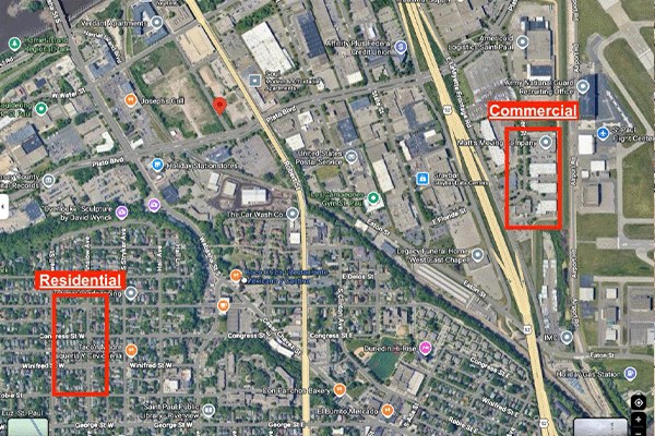 Google Maps satellite view showing Commercial vs Residential zones in St Paul Minnesota